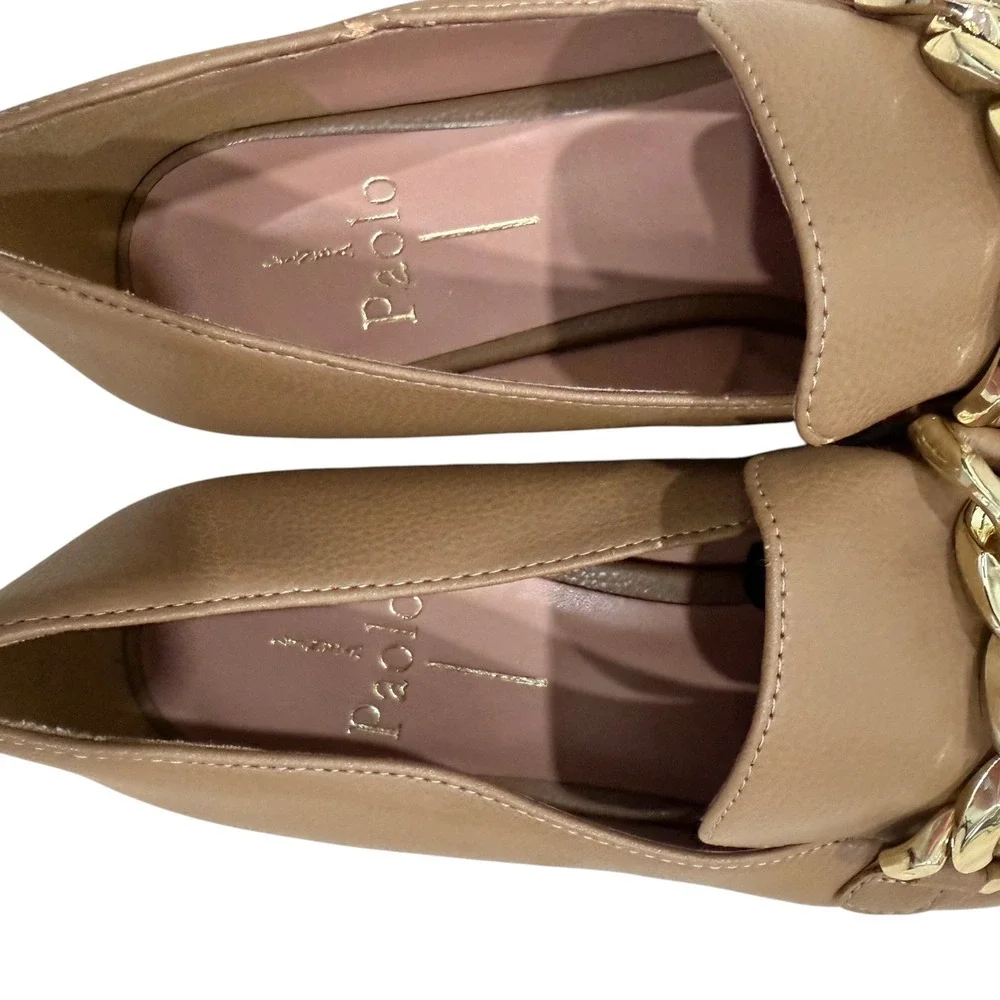 Paolo Tan Chain Loafers Pointed Toe‎ Minimalist Neutral Chic Womens Flats 6.5M